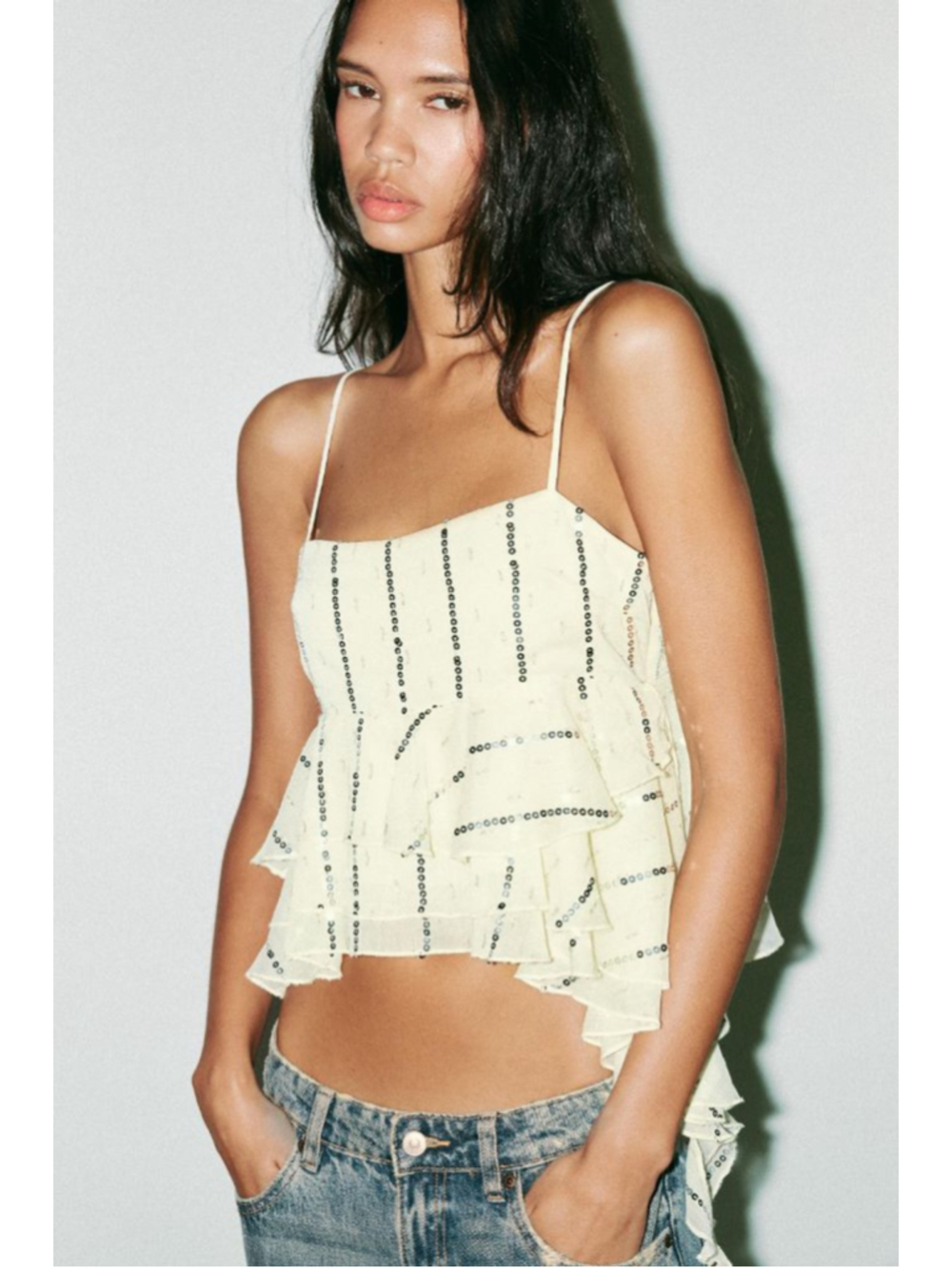 NWT Zara Pastel Yellow Y2K Going Out Top Medium Ethereal Fairy Sequin Ruffle